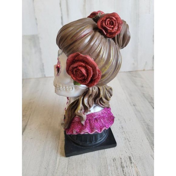 Cinco de Mayo skeleton woman bust animated head Rose Halloween prop - Picture 4 of 12